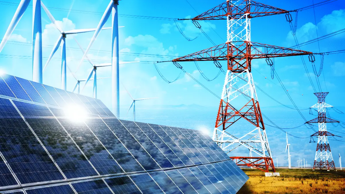 Renewable energy concept with grid connections solar panels and wind turbines