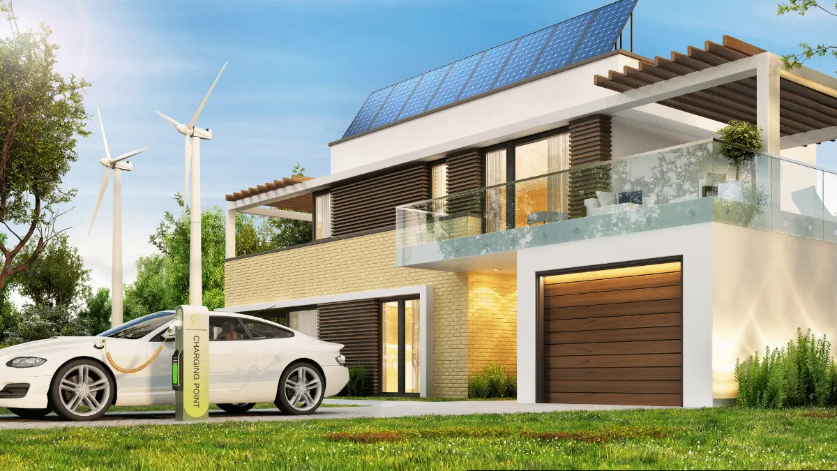 Ecological home with solar panels and electric car