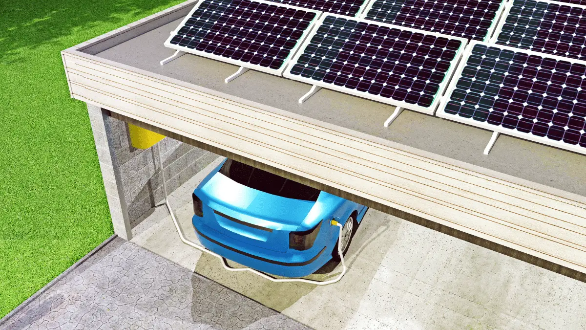 Solar panels charge an electric car parked in a garage