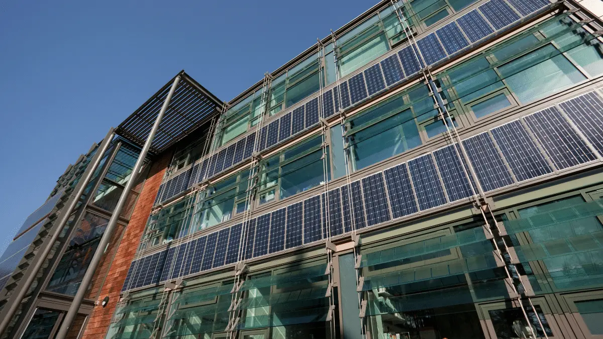 Modern solar panels on office building