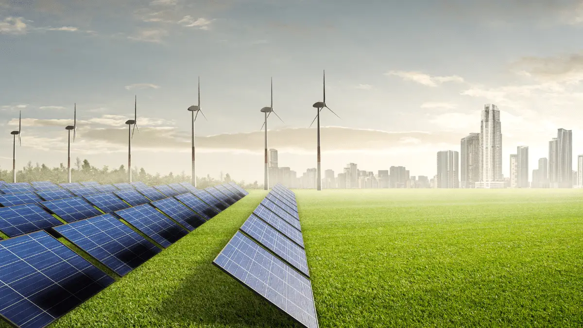 Solar panels and wind turbines in the city