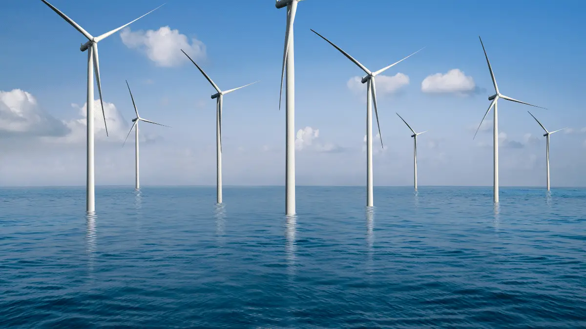 Wind turbine farm in beautiful nature landscape