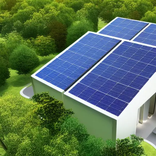 Photovoltaic cells on the roof a modern house surrounded by trees on all sides