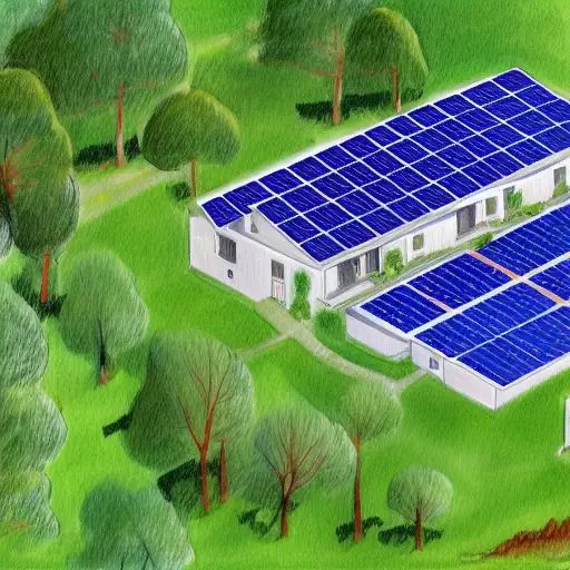 Solar panel energy production on a big house surrounded by trees in California